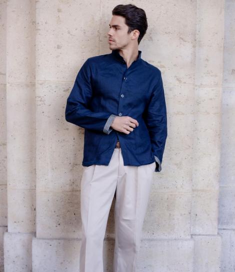 Veste chemise en lin bleu marine – Roshmode Paris Signature